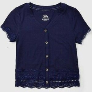 Justice Navy Blue ribbed lace trim button up tee